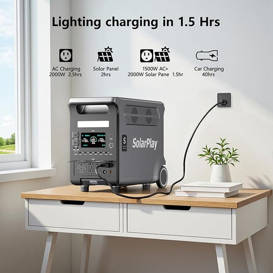 SolarPlay Portable Power Station, 3600W((5500W Peak), 3840Wh Solar Generator 2Hrs Fast Charging LiFePO4 Battery, Adjustable Input Power, UPS function with AC output for Home Camping Outdoor Backup