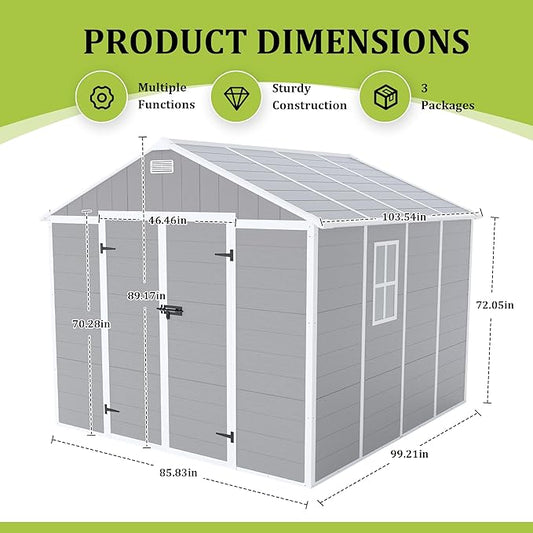 8X8 FT Resin Outdoor Storage Shed, Plastic Garden Sheds with Floor to Store Patio Furniture, Gardening Tools, Outside Patio Storage House with Window &Lockable Door for Backyard, Lawn, Grey