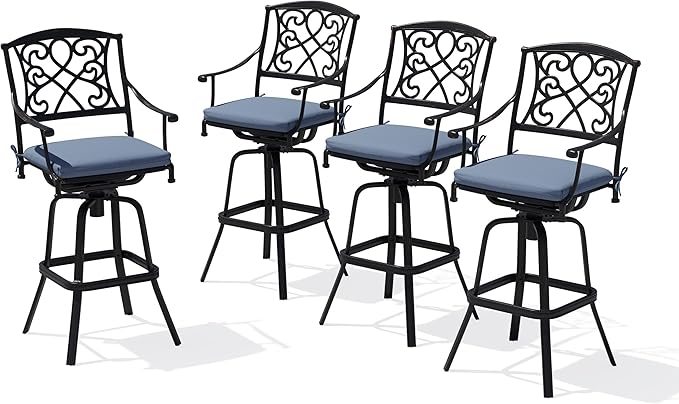 Crestlive Products Outdoor Bar Stools with Sunbrella Cushion Set of 4, 360° Swivel Patio Bar Height Chairs, All Weather Commercial Grade Furniture, Antique Brown Finish for Outside (Denim Blue)