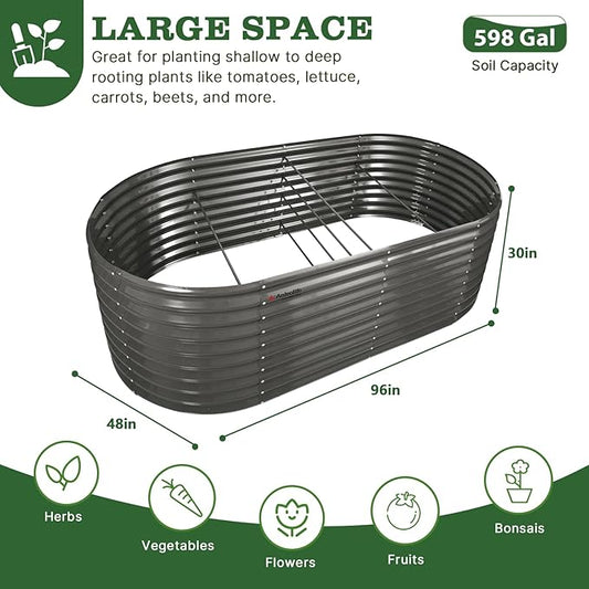 A ANLEOLIFE 30" Extra Tall Galvanized Raised Garden Beds Outdoor, 8x4x2.5ft Oval Metal Planter Boxes for Planting Vegetables, Flowers, Fruits, Eco-Safe & Easy Setup, Quartz Grey
