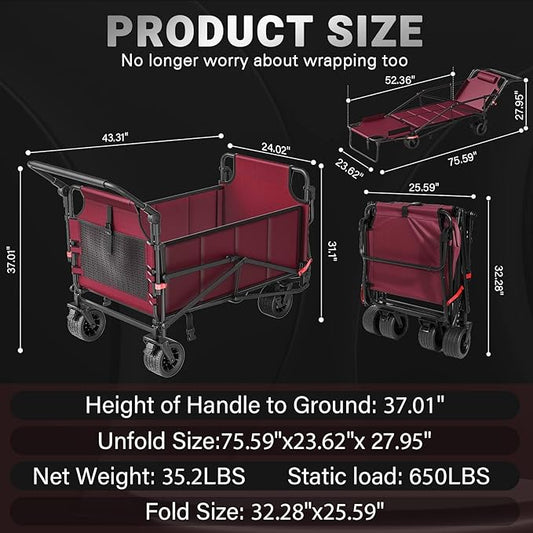 LEVELEVE Heavy Duty Folding Wagon - 2-in-1 Collapsible Cart, 650lb Capacity, All-Terrain Wheels w/Brakes & Side Pockets