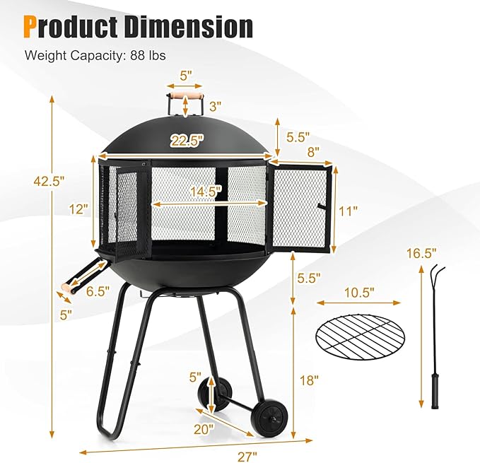 HAPPYGRILL 28” Outdoor Fire Pit, Rolling Patio Wood Burning Firepit with Lockable Doors, Fire Poker, Pine Wood Handle & Wheels, Heavy Duty Fire Pit for BBQ Entertaining Camping