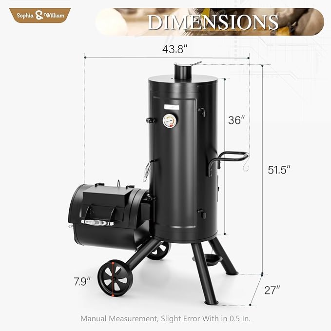 Sophia & William Heavy-Duty Vertical Offset Charcoal Smoker Extra Large Outdoor BBQ Gill with Offset Smoker, 961 SQ.IN. Cooking Area with Warming Tray,Push-out Ash Tray for Event Gathering, Black
