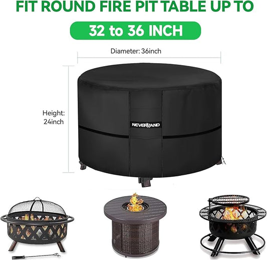 NEVERLAND Fire Pit Cover Round, Waterproof Outdoor Firepit Covers Round for 32-36 Inches 600D Oxford Heavy Duty Patio Gas Fire Pit Covers with 4 Buckle Straps and Air Vents, 36 x 24 Inch Black