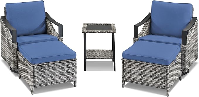 5 Pieces Patio Furniture Set - High Back Outdoor Swivel Rocker Chairs with Thick Cushions 2 Ottoman and Side Table, Wicker Patio Conversation Sets for Porch Deck Garden Backyard Gray/Blue