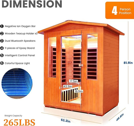 Outdoor 4 Person Sauna Far Infrared Saunas Dry Sauna Room Red Cedar and Canadian Hemlock Wood Wooden Sauna Spa 2600W 240V with 7 Color Light 62.2 * 46.8 * 81.9 inches