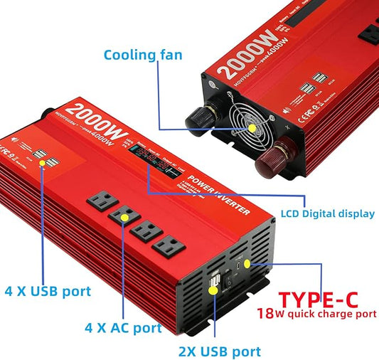 2000W 12V Power inverters for Vehicles,Peak 4000 watt, Car/Truck DC 12V to 110V 4AC Converter, 6 USB 2.4A Ports,with 18W Type-C Quick Charge Port,LCD Digital Display