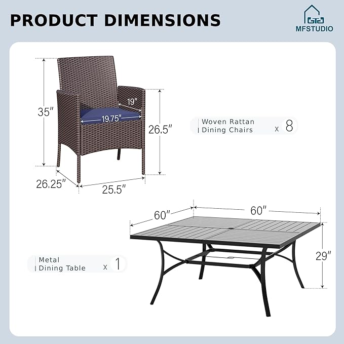 MFSTUDIO 9 Pieces Outdoor Dining Set, Patio Table and Chairs for 8, Outdoor 60" Square Table with Chairs, Patio Dinng Furniture Set Wicker, Backyard, Deck