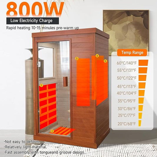 One/Single Person Sauna Far Infrared Oguman Wood Saunas Room with Red Light Therapy Home Wood Spa Dry Saunas Single Person Spa Beauty of Natural Wood 27.6"x35.2"x61.6" Light Brown
