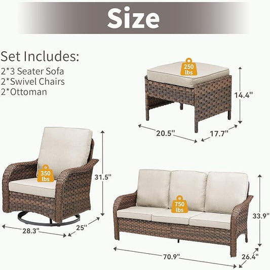 Wicker Outdoor Patio Furniture Set-6 Pieces All-Weather Wicker Outdoor Furniture with Swivel Rocking Chairs Set of 2 Patio Conversation Sets for Garden,Backyard,Deck Brown/Beige