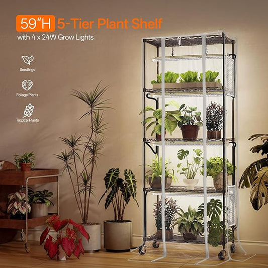 Bstrip Indoor Greenhouse with Grow Light, Mini Green house with 4 Pack 24W Full Spectrum Plant Lights with Timer, Plant Shelf with Tent for Indoor Plant, Seed Starting, Seed Tray, 23.5"x13.8"x59"