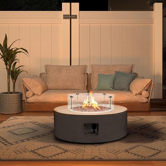 36inch Round Concrete Fire Pit Table with Glass Wind Guard Propane 50,000 BTU Outdoor Fire Table Modern Firepit CSA Certification Gas Firepits with Steel Lid, Rain Cover for Backyard, Deck