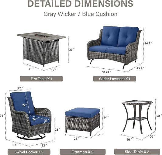 Belord 8 Piece Outdoor Patio Furniture Set - 41" CSA Propane Fire Pit Table Patio Conversation Set with Swivel Rocker Outdoor Chairs, Wicker loveseat and Ottoman for Outside Casual Gathering