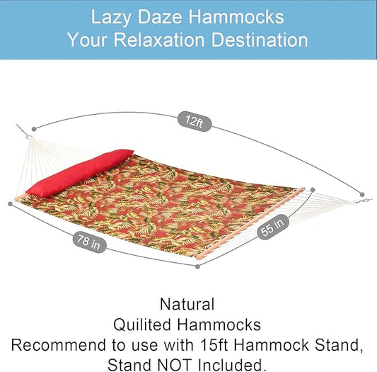 Lazy Daze Hammocks 12FT Quilted Fabric Hammock with Soft Pillow, Double 2 Person Tree Hammock with Spreader Bar for Outside Patio Poolside Backyard Beach, 450 lbs Capacity, Red Leaf