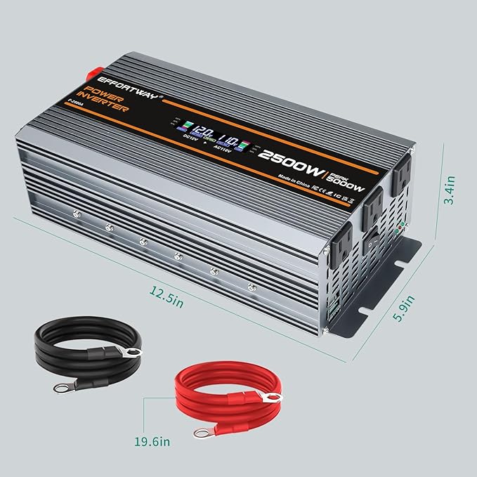 2500W Power Inverter. 12V DC to 110V/120V AC Converter 5000W (Peak) with LCD Display, 3 AC outlets, 2 USB, 2500w Inverter for Camping RV Travel Outdoor Truck Off-Grid Solar inverters