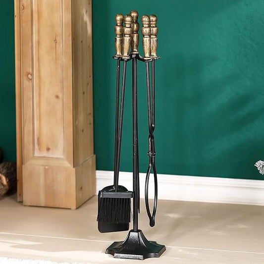 5 Piece Fireplace Tools Set, Wrought Iron Fire Place Tool Set with Gold Handle for Indoor Outdoor, Heavy Duty Base with Fire Poker, Brush, Shovel, and Tongs