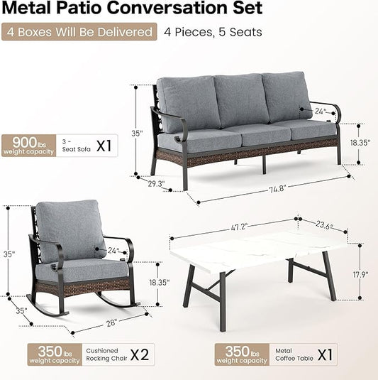 4 PCS Metal Outdoor Patio Furniture Set, Patio Conversation Sets 1 3-Seater Sofa, 2 Rocking Chairs with 5.75" Extra Thick Cushion & Coffee Table, Black Frame Backyard Furniture, Gray