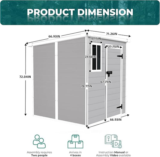 Outdoor Storage Shed 6x6 FT, Resin Lean to Shed with Floor, Window, Lockable Door, Waterproof Outside Sheds Patio Furniture Tool Shed for Bike, Garbage Can, Lawn Mower (Grey, 6 * 6ft)