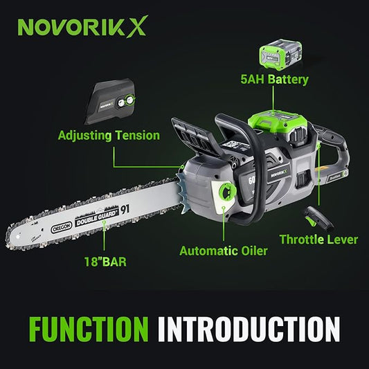 NovorikX 60V Brushless Cordless Chainsaw, 18"&16" Electric Chain Saw with 5.0Ah Battery & Charger, Automatic Oiler, Tool-Free Tension for Tree Trimming & Wood Cutting