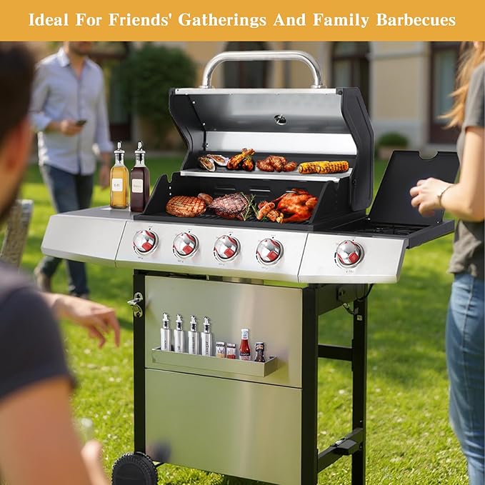 CIG GARDEN 4 Burner Gas Grill Combo with Side Burner, 3 in 1 Gas BBQ Grill with Charcoal Grill and Griddle, 52,000 Outdoor Barbecue Grill Perfect for Outdoor Cooking, Balcony, Backyard, Camping