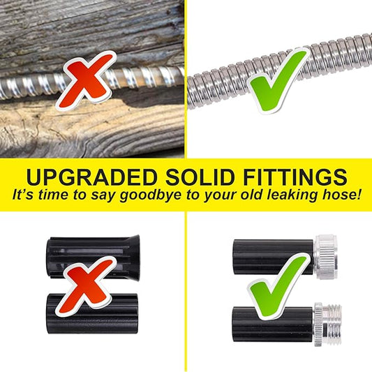 FOXEASE Metal Water Hose 100 ft - Stainless Steel Water Hose with 2 Nozzles, Lightweight, Tangle Free & Kink Free, Heavy Duty, High Pressure, Flexible, Dog Proof