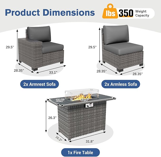 5 Piece Patio Furniture Set with Fire Pit Table, Outdoor Conversation Sets Grey Wicker Rattan Sectional Sofa, 4'' Thickened Cushion Dark Grey (Include Waterproof Cover)