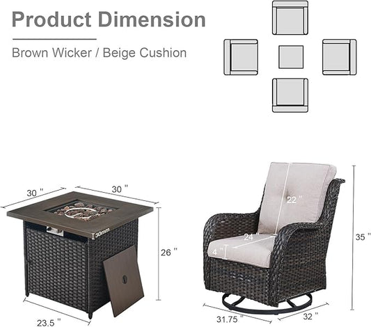 Belord 5 Pieces Patio Wicker Furniture Set - 4 Outdoor Swivel Rocker Glider Chairs with Propane Fire Pit Table, Warm Patio Conversation Set Beige Cushion Perfect for Casual Gathering