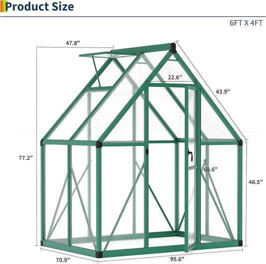 6 x 4 ft Greenhouse, Polycarbonate Walk-in Greenhouse with Aluminum Frame, Adjustable Roof Vent and Lockable Door, Green Houses for Outside, Garden, Backyard and Patio, Easy Assembly