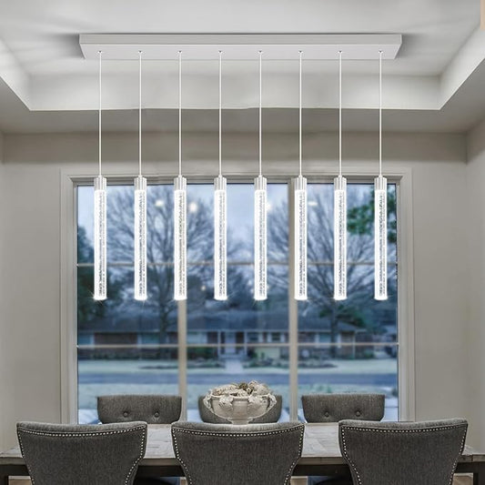 8-Lights Silver Modern Crystal Chandeliers for Dining Room Dimmable LED Adjustable Height Hanging Pendant Light for Kitchen Island,Bedroom,Over Table,Living Room