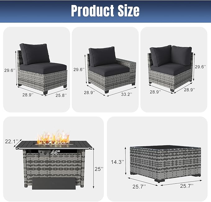 Aoxun 7 Pieces Patio Furniture Set with 44” Fire Pit Table Wicker Rattan Outdoor Sectional Conversation Set with Coffee Table and 4” Thickened Cushions, Gray/Black(Waterproof Cover Included)