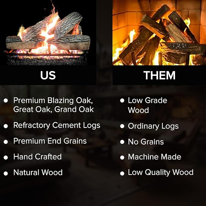 18" Premium Gas Logs - Remote Control Kit Included - for Natural Gas Vented Fireplaces - Blazing Oak Design (Logs + Remote Light Kit)