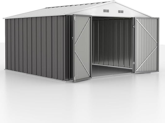 GUNJI 10 x 10 FT Shed Outdoor Storage Shed Metal Garden Shed with Lockable Door Outside Waterproof Tool Shed for Backyard, Patio, Lawn (Gray)