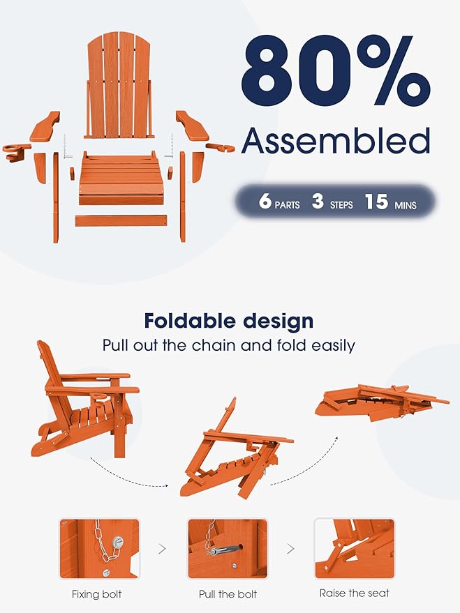 KINGYES Folding Adirondack Chair Set of 8, Dual Cup Holders & All-Weather HDPE, Wood-Like Patio Chair for Backyard, Camping, Pool & Fire Pit, Orange