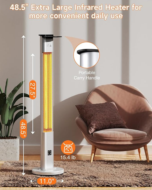 Electric Heater for Patio, 48.5" Large Standing Premium Space Heater IP65 Waterproofed for Indoor or Outdoor Use,1500W with 9 Hours Timer