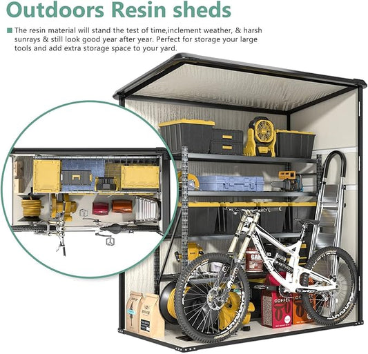 Aoxun Outdoor Storage Shed 5 x 3FT, Resin Shed with Floor and Lockable Door, Plastic Shed for Bike, Garbage Can, Tool, Accessories, Lawn, Garden - Beige