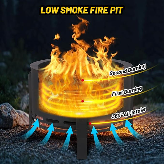 GarveeLife 26 in Smokeless Fire Pit with Ash Tray Base,Smokeless Outdoor Firepits with Adjustable Foot&Fire Poker,Firepit with Dust Bag,Outdoor Fire Pits for BBQ,Bonfire,Camping