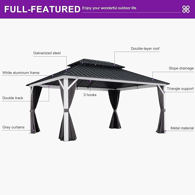 PURPLE LEAF 10' X 14' Hardtop Gazebo Metal Double Roof White Aluminum Frame Outdoor Heavy Duty Gazebo with Curtain and Netting for Patio Garden and Backyard, Grey