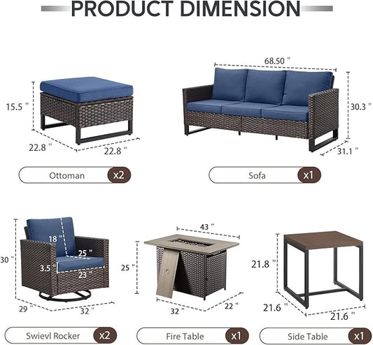 7 Piece Wicker Patio Furniture with Fire Pit Table - Outdoor Conversation Set with 50,000 BTU Fire Pit, All Weather Rattan Patio Set for Deck Backyard Garden - Brown Wicker Blue Cushion