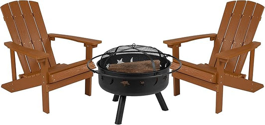 EMMA + OLIVER Campfire Set - Two Teak Poly Resin Adirondack Chairs - 29" Star and Moon Fire Pit with Mesh Cover - Weather Resistant - Wood Burning Fire Pit