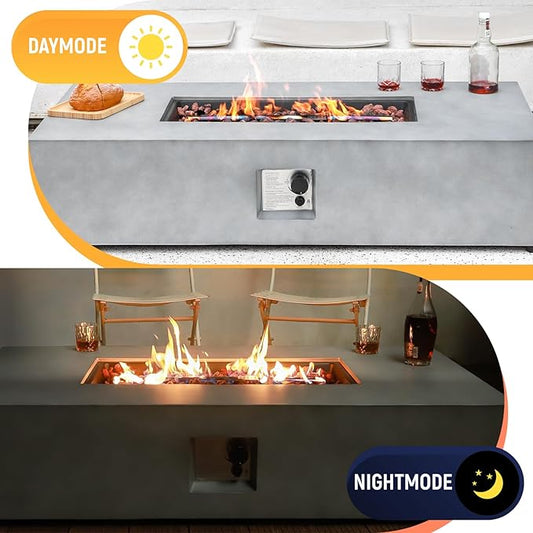 54-inch Propane Fire Pit Coffee Table with Tank Cover Table - 50,000BTU Outdoor Modern Concrete Rectangle Fire Table, Waterproof Cover, Auto-Ignition, Free Lava Rocks & Metal Lid