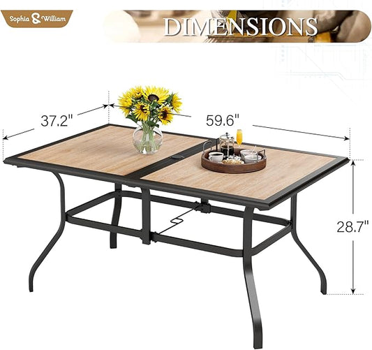 Sophia & William Outdoor Table, Rectangular Patio Table for 6, Large Patio Dining Table with Faux Wood Tabletop and Metal Steel Frame, Outdoor Dining Table with 1.6"-2" Adjustable Umbrella Hole