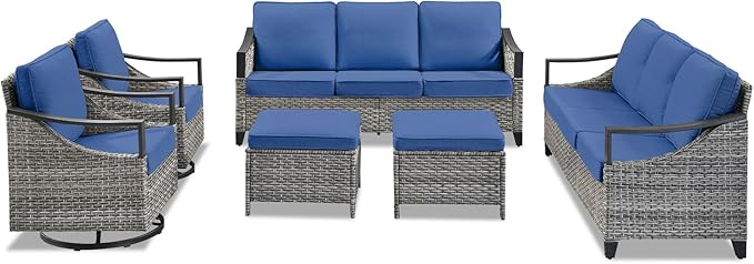6 Pieces Patio Furniture Sets - All Weather Outdoor Swivel Rocker Patio Chairs with 3-Seat Sofa and Multifunctional Ottomans, Outdoor Conversation Set for Garden Porch Balcony Deck Gray/Blue