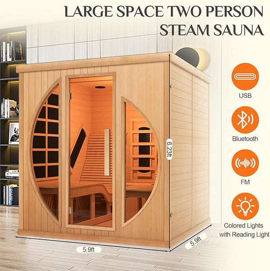 Smartmak Full Spectrum Infrared Two Person Wood Sauna with Recliner, Luxurious Customized WiFi Control Red Light Therapy DIY Indoor Dry Saunas Room, with Oxygen Bar, Speakers, 3400W