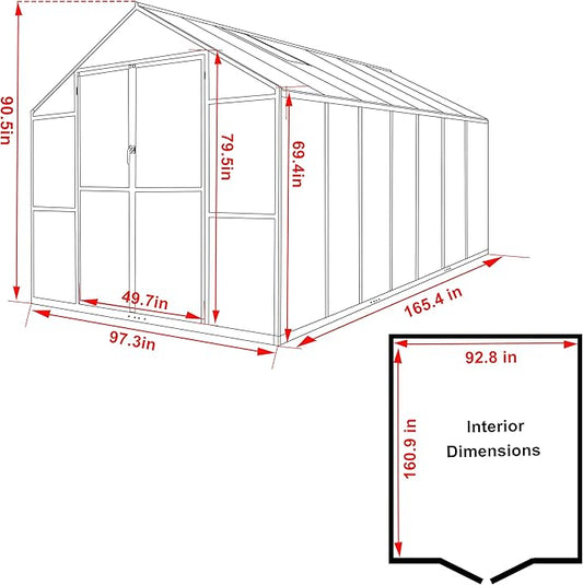 8x14 FT Green House for Outdoor, Polycarbonate Aluminum Walk-in Greenhouse Kit with Lockable Door and Adjustable Roof Vents, Backyard Garden in Winter, Gray