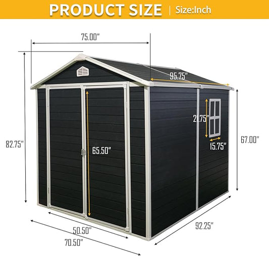 JT 6×8ft Resin Outdoor Storage Shed,Outdoor Storage Shed with Floor & Window to Store Patio Furniture, Garden Tools Bike Accessories, Beach Chairs and Lawn Mower. (Black, 6ft*8ft)