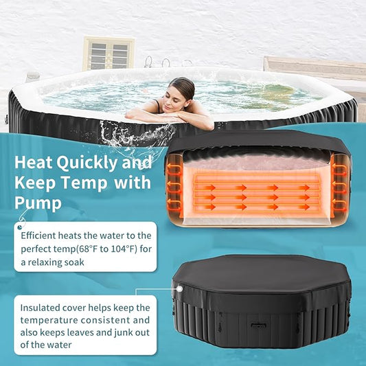 4-6 Person Inflatable Hot Tub, Large Polygon Portable Blow Up Hot Tub, 77” X 25”Leak-Proof PVC Outdoor Spa with 130 Air Jets, Insulated Cover
