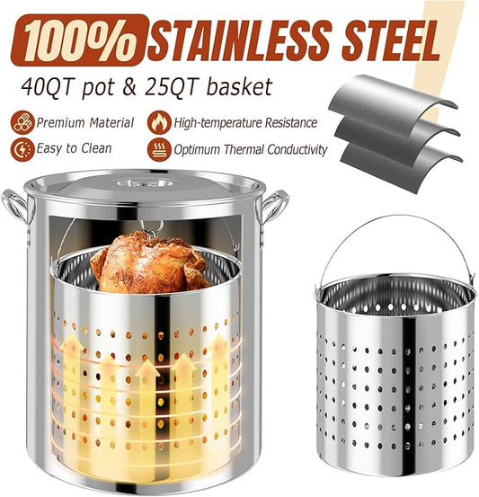 Stainless Steel 40QT Turkey Fryer Kit, Waterproof Cover & 12-inch Skimmer, 55,000BTU Propane Burner Stove, Turkey Fryer Pot, Outdoor Deep Fryer, Crawfish Boiler with 25QT Basket