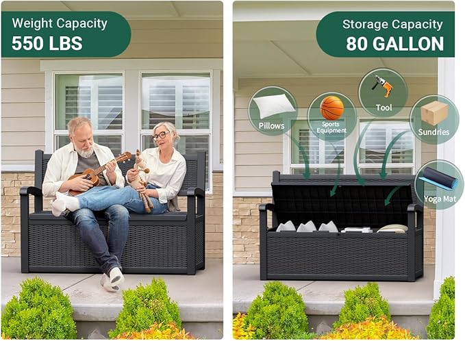 80 Gallon Outdoor Storage Box, Resin Patio Furniture with Armrest, Lockable Deck Box with Waterproof and UV Resistant for Patio Cushions, Garden Tools and Pool Supplies, Black