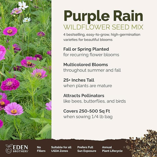 Eden Brothers Purple Rain Flower Mixed Seeds for Planting, 1/4 lb, 120,000+ Seeds with Zinnia Purple Prince & Violet Queen, Cosmos, Attracts Pollinators, Plant in Spring, Zones 3, 4, 5, 6, 7, 8, 9, 10