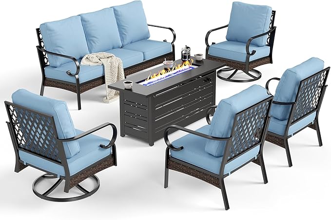 6 Piece Black Metal Outdoor Patio Furniture Sets with Firepit Table, Patio Conversation Sets 1 3-Seater Sofa, 2 Leg Sofa and 2 Swivel Sofa with 5.75" Cushion for Backyard Deck, Blue